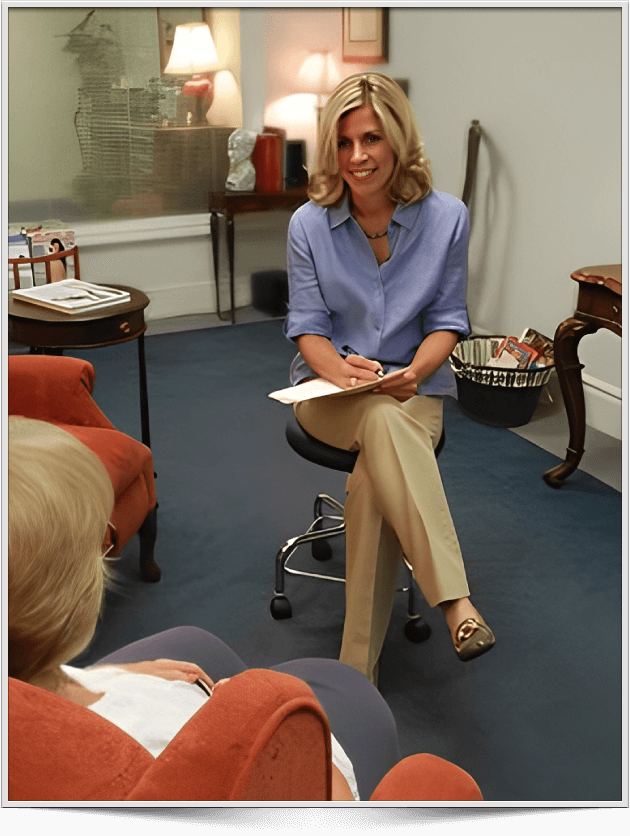 A woman sitting on top of a stool in front of another person.